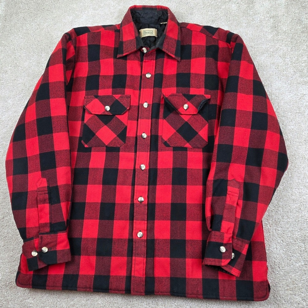Vintage 80s Sears Buffalo Plaid Flannel Shirt Jacket Men L Quilt Lined Red Black